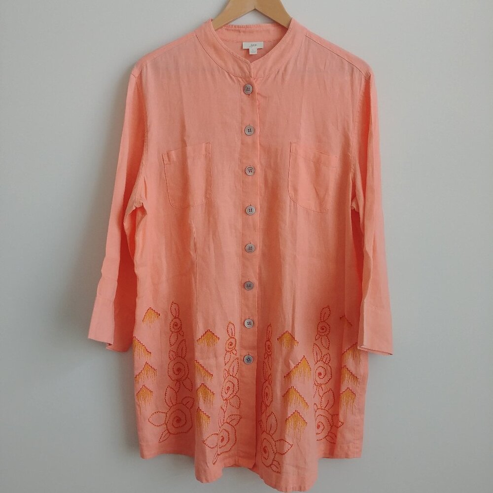 J Jill 100% linen soft orange cantaloupe embroidered tunic top button down Large